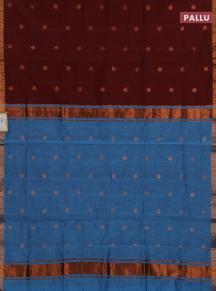 Semi maheswari cotton saree deep maroon and blue with allover copper zari woven & buttas and copper zari woven border