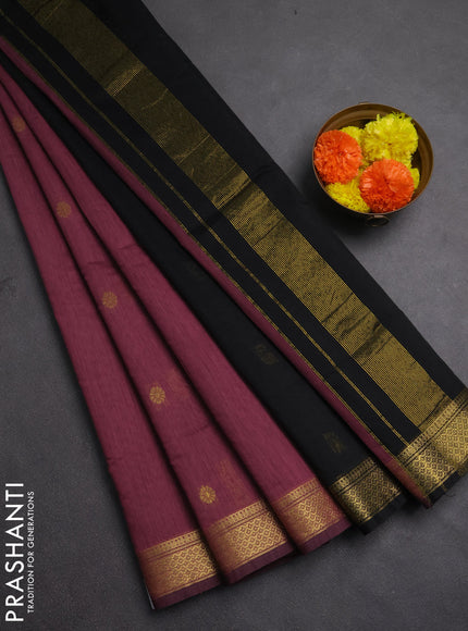 Semi maheswari cotton saree mauve pink and black with allover zari woven buttas and small zari woven border