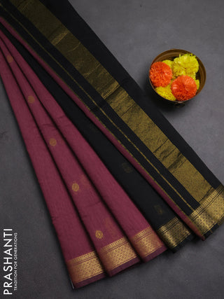 Semi maheswari cotton saree mauve pink and black with allover zari woven buttas and small zari woven border