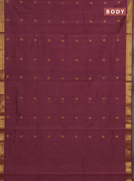 Semi maheswari cotton saree mauve pink and black with allover zari woven buttas and small zari woven border