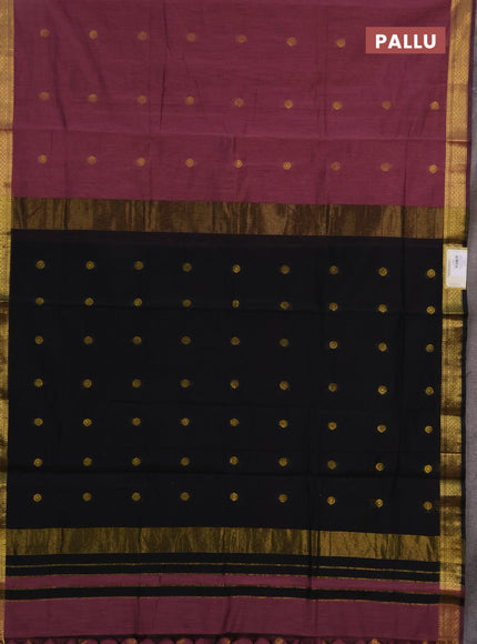 Semi maheswari cotton saree mauve pink and black with allover zari woven buttas and small zari woven border