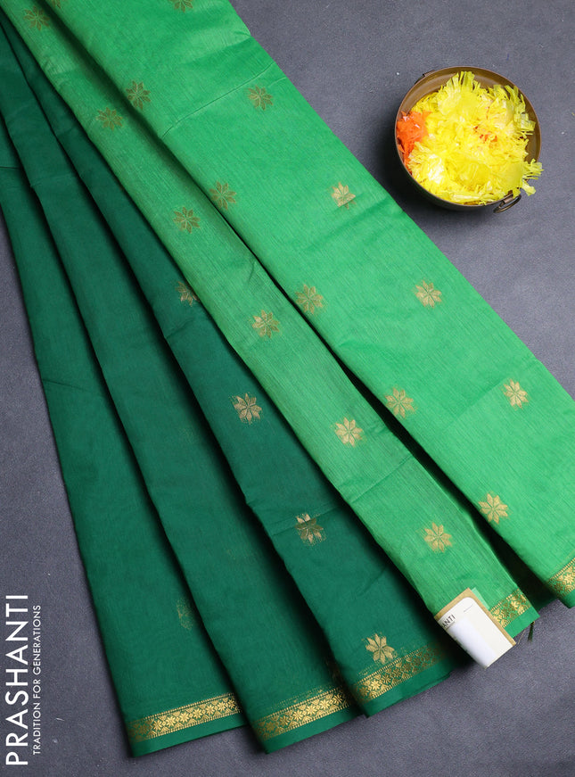 Semi maheswari cotton saree green and light green with allover zari woven buttas and small zari woven border