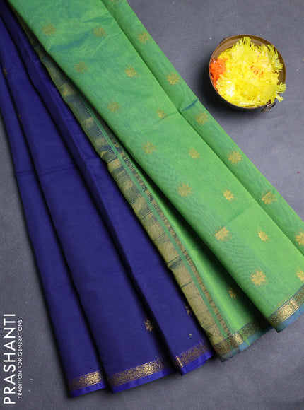 Semi maheswari cotton saree blue and green with allover zari woven buttas and small zari woven border