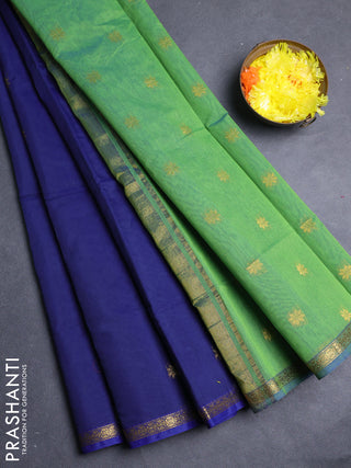 Semi maheswari cotton saree blue and green with allover zari woven buttas and small zari woven border