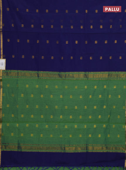 Semi maheswari cotton saree blue and green with allover zari woven buttas and small zari woven border