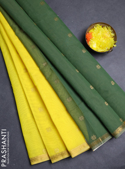 Semi maheswari cotton saree lime yellow and green shade with allover zari woven buttas and small zari woven border