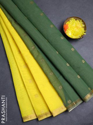 Semi maheswari cotton saree lime yellow and green shade with allover zari woven buttas and small zari woven border