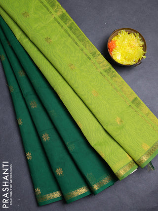 Semi maheswari cotton saree green and light green with allover zari woven buttas and small zari woven border