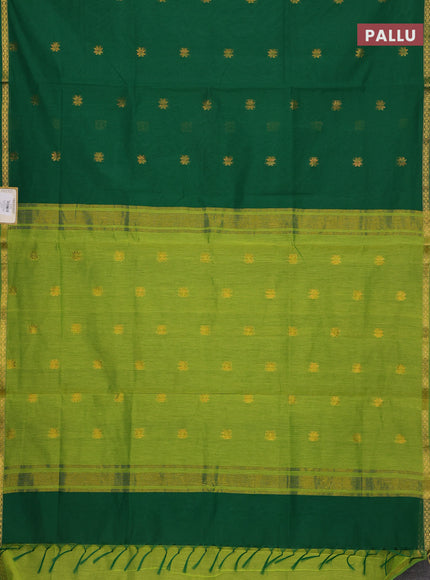 Semi maheswari cotton saree green and light green with allover zari woven buttas and small zari woven border