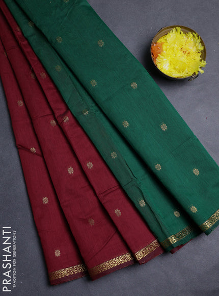 Semi maheswari cotton saree deep maroon and bottle green with allover zari woven buttas and small zari woven border