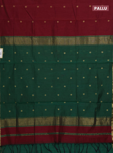 Semi maheswari cotton saree deep maroon and bottle green with allover zari woven buttas and small zari woven border