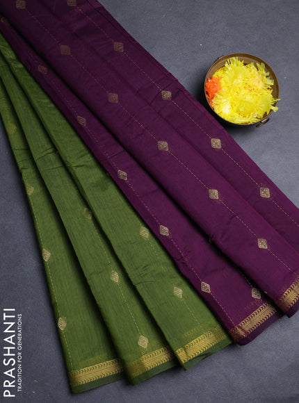 Semi maheswari cotton saree green and deep purple with allover zari weaves & buttas and zari woven border