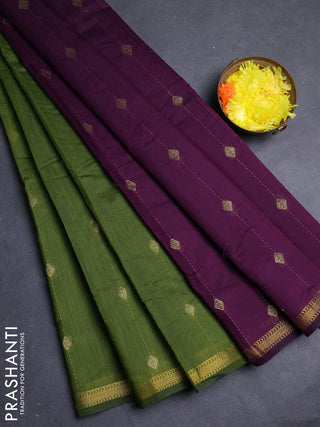 Semi maheswari cotton saree green and deep purple with allover zari weaves & buttas and zari woven border