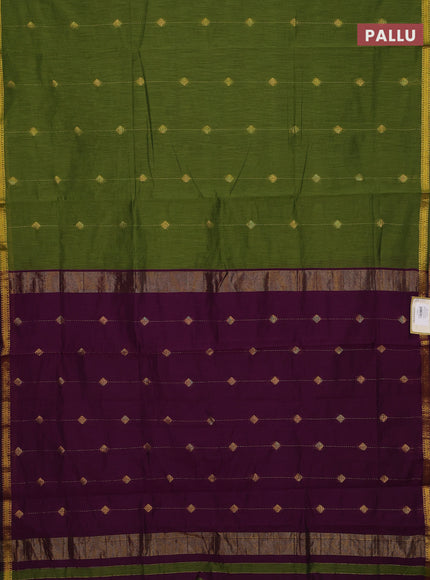 Semi maheswari cotton saree green and deep purple with allover zari weaves & buttas and zari woven border