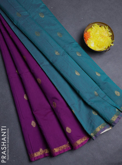 Semi maheswari cotton saree purple and green with allover zari woven & buttas and small zari woven border