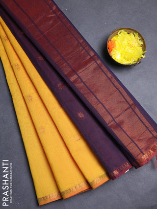 Semi maheswari cotton saree sunset orange and deep wine with allover zari woven & buttas and small zari woven border