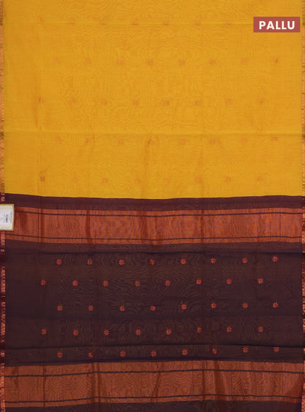 Semi maheswari cotton saree sunset orange and deep wine with allover zari woven & buttas and small zari woven border