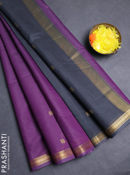 Semi maheswari cotton saree purple and dark grey with allover zari woven buttas and small zari woven border