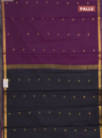Semi maheswari cotton saree purple and dark grey with allover zari woven buttas and small zari woven border