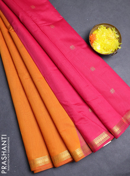 Semi maheswari cotton saree orange and pink with allover zari woevn buttas and small zari woven border