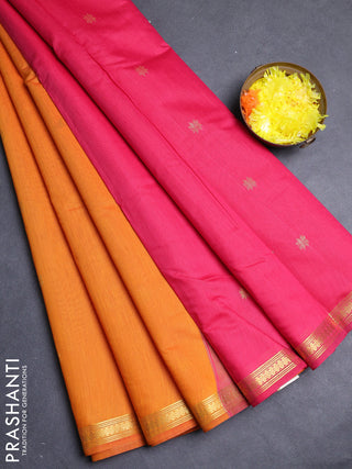 Semi maheswari cotton saree orange and pink with allover zari woevn buttas and small zari woven border