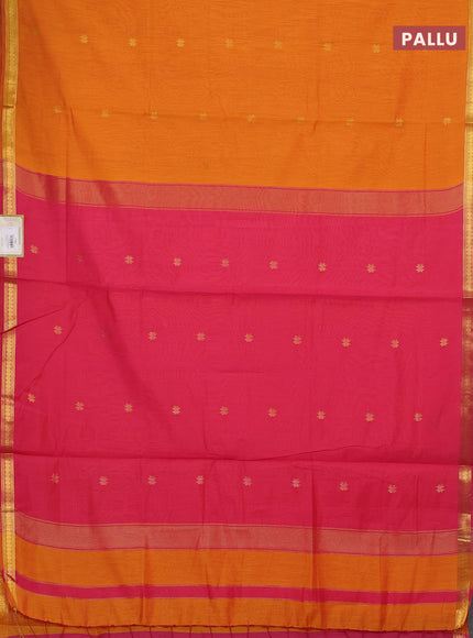 Semi maheswari cotton saree orange and pink with allover zari woevn buttas and small zari woven border