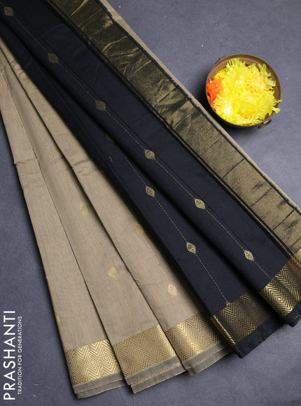 Semi maheswari cotton saree beige and black with allover zari weaves & buttas and zari woven border