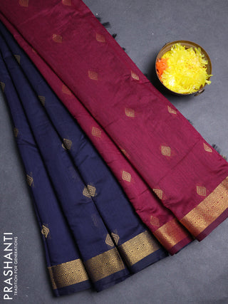 Semi maheswari cotton saree navy blue and wine shade with allover zari woven & buttas and small zari woven border