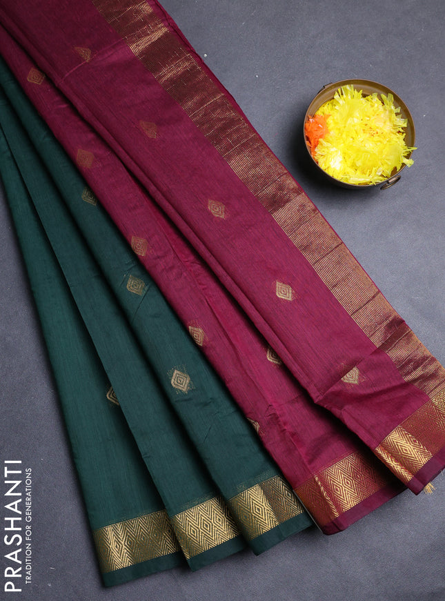 Semi maheswari cotton saree peacock green and magenta pink with allover zari woven & buttas and small zari woven border