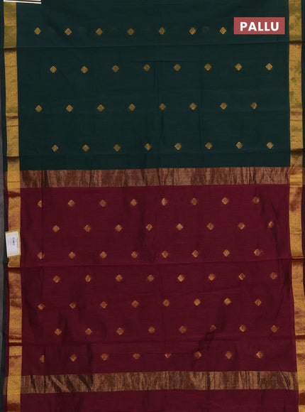Semi maheswari cotton saree peacock green and magenta pink with allover zari woven & buttas and small zari woven border