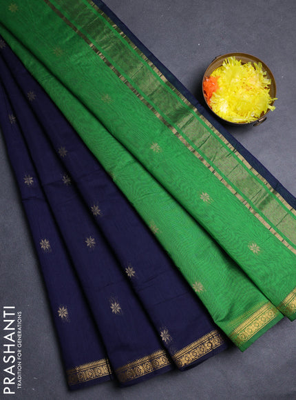 Semi maheswari cotton saree navy blue and green with allover zari woven & buttas and small zari woven border