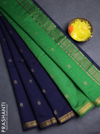 Semi maheswari cotton saree navy blue and green with allover zari woven & buttas and small zari woven border