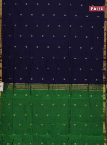 Semi maheswari cotton saree navy blue and green with allover zari woven & buttas and small zari woven border