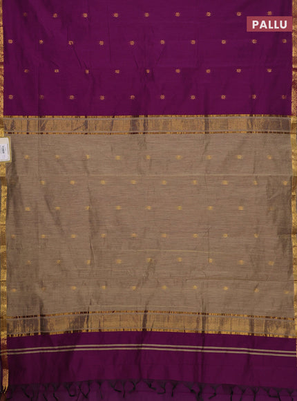 Semi maheswari cotton saree deep purple and beige with allover zari woven & buttas and small zari woven border