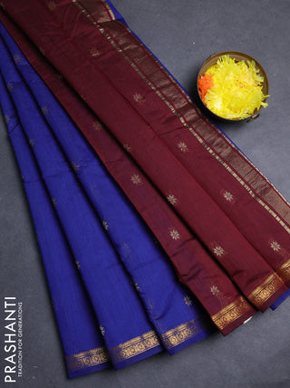 Semi maheswari cotton saree blue and deep maroon with allover zari woven & buttas and small zari woven border