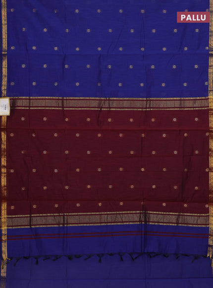 Semi maheswari cotton saree blue and deep maroon with allover zari woven & buttas and small zari woven border