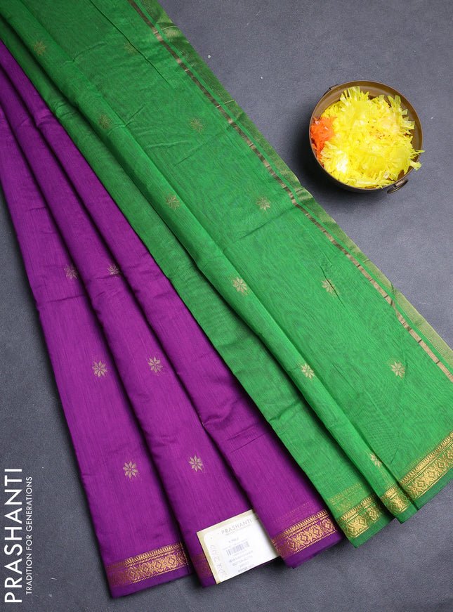 Semi maheswari cotton saree magenta pink and green with allover zari woven & buttas and small zari woven border