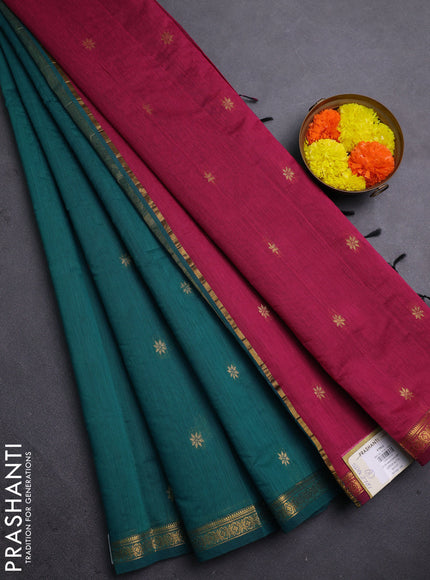 Semi maheswari cotton saree peacock green and magenta pink with allover zari woven & buttas and small zari woven border