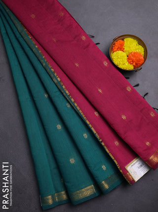 Semi maheswari cotton saree peacock green and magenta pink with allover zari woven & buttas and small zari woven border
