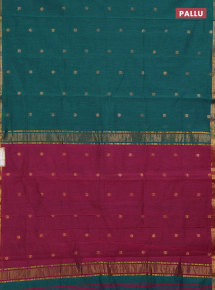 Semi maheswari cotton saree peacock green and magenta pink with allover zari woven & buttas and small zari woven border