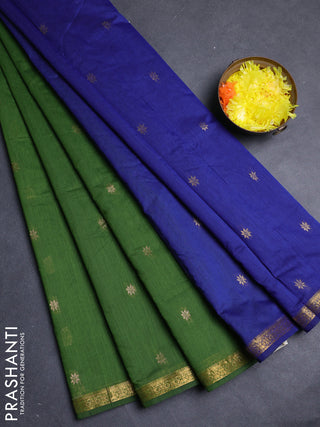 Semi maheswari cotton saree green and blue with allover zari woven & buttas and small zari woven border