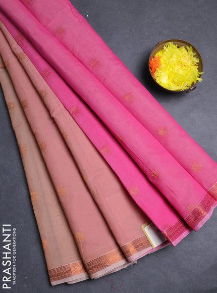 Semi maheswari cotton saree peach shade and pink with allover copper zari woven & buttas and small copper zari woven border