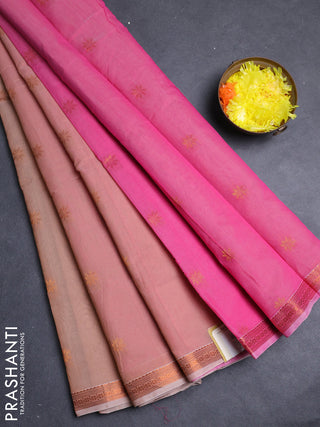 Semi maheswari cotton saree peach shade and pink with allover copper zari woven & buttas and small copper zari woven border