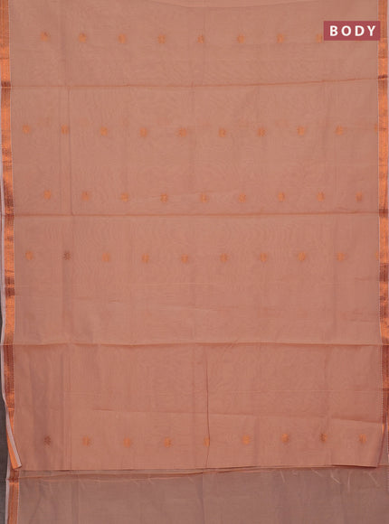 Semi maheswari cotton saree peach shade and pink with allover copper zari woven & buttas and small copper zari woven border