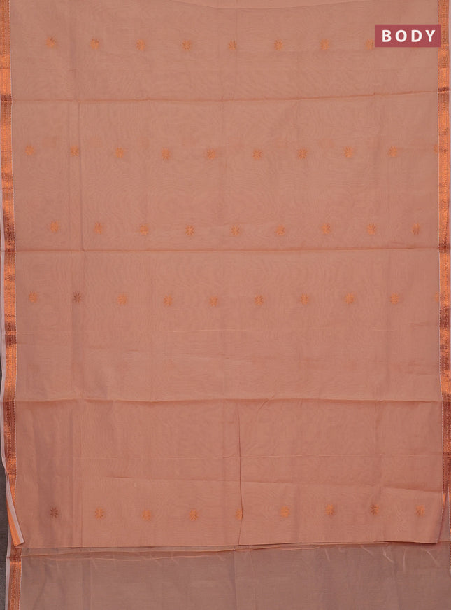 Semi maheswari cotton saree peach shade and pink with allover copper zari woven & buttas and small copper zari woven border