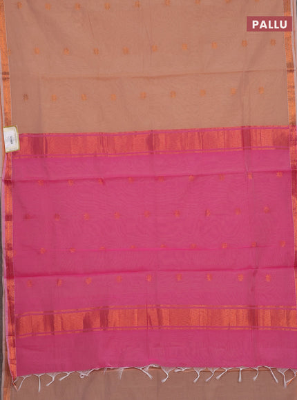 Semi maheswari cotton saree peach shade and pink with allover copper zari woven & buttas and small copper zari woven border