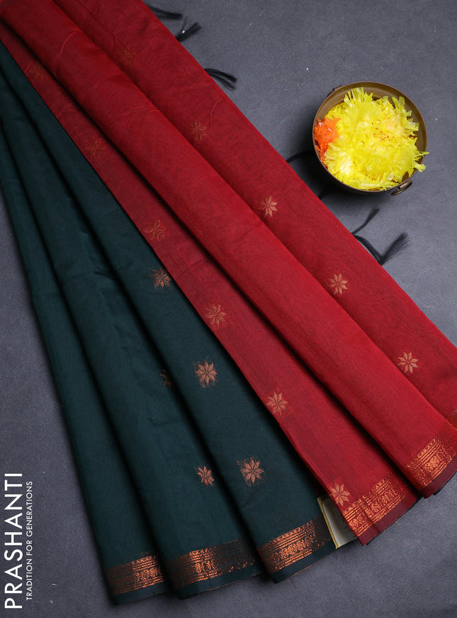 Semi maheswari cotton saree bottle green and maroon with allover copper zari woven & buttas and small copper zari woven border