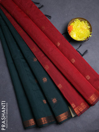Semi maheswari cotton saree bottle green and maroon with allover copper zari woven & buttas and small copper zari woven border