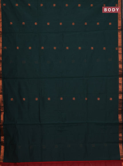 Semi maheswari cotton saree bottle green and maroon with allover copper zari woven & buttas and small copper zari woven border