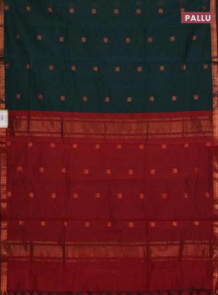 Semi maheswari cotton saree bottle green and maroon with allover copper zari woven & buttas and small copper zari woven border